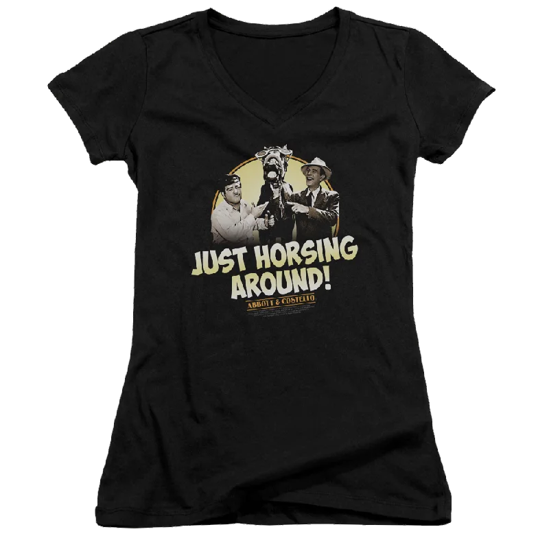 Abbott and Costello Horsing Around - Juniors V-Neck T-Shirt-- Terry Blend Velvet Blend Canvas Blend