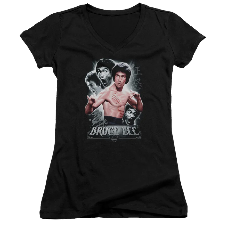 Bruce Lee Inner Fury - Juniors V-Neck T-Shirt-- Boxy Fit Fitted Loose