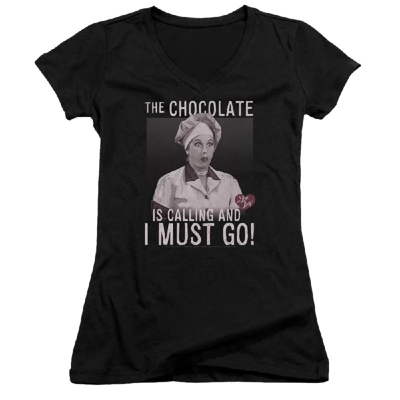 I Love Lucy Chocolate Calling Juniors V-Neck T-Shirt-- Anti-Shrink Durable Soft