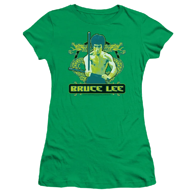 Bruce Lee Double Dragons - Juniors T-Shirt-- Spandex Blend Rayon Blend Denim Blend