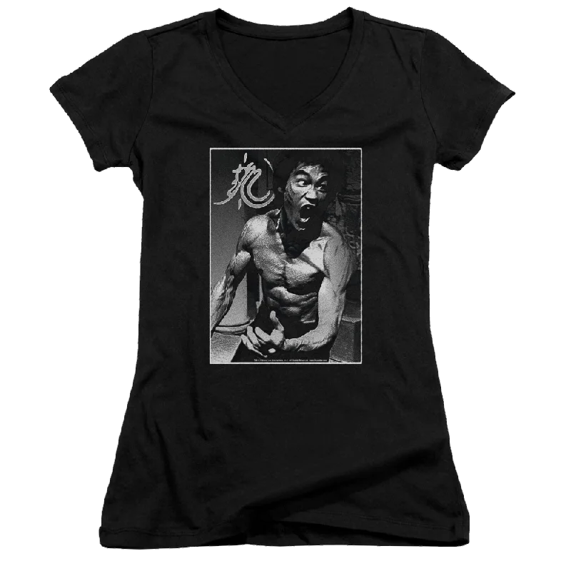 Bruce Lee Focused Rage - Juniors V-Neck T-Shirt-- Mesh Blend Leather Blend Suede Blend