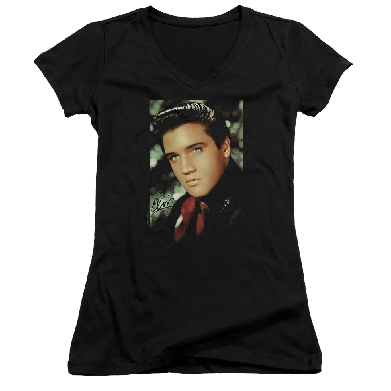 Elvis Presley Red Scarf - Juniors V-Neck T-Shirt-- Machine Wash Dry Clean Hand Wash