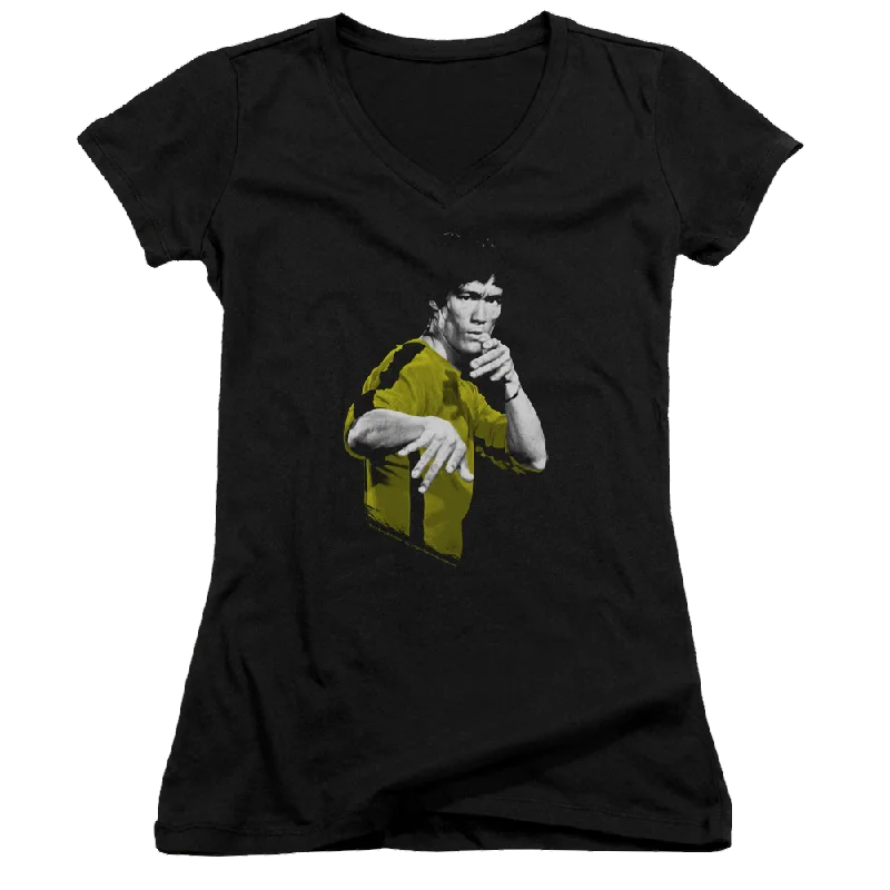 Bruce Lee Suit Of Death - Juniors V-Neck T-Shirt-- Chenille Fabric Brocade Fabric Lace Fabric