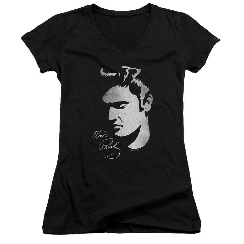 Elvis Presley Simple Face - Juniors V-Neck T-Shirt-- Spandex Blend Rayon Blend Denim Blend
