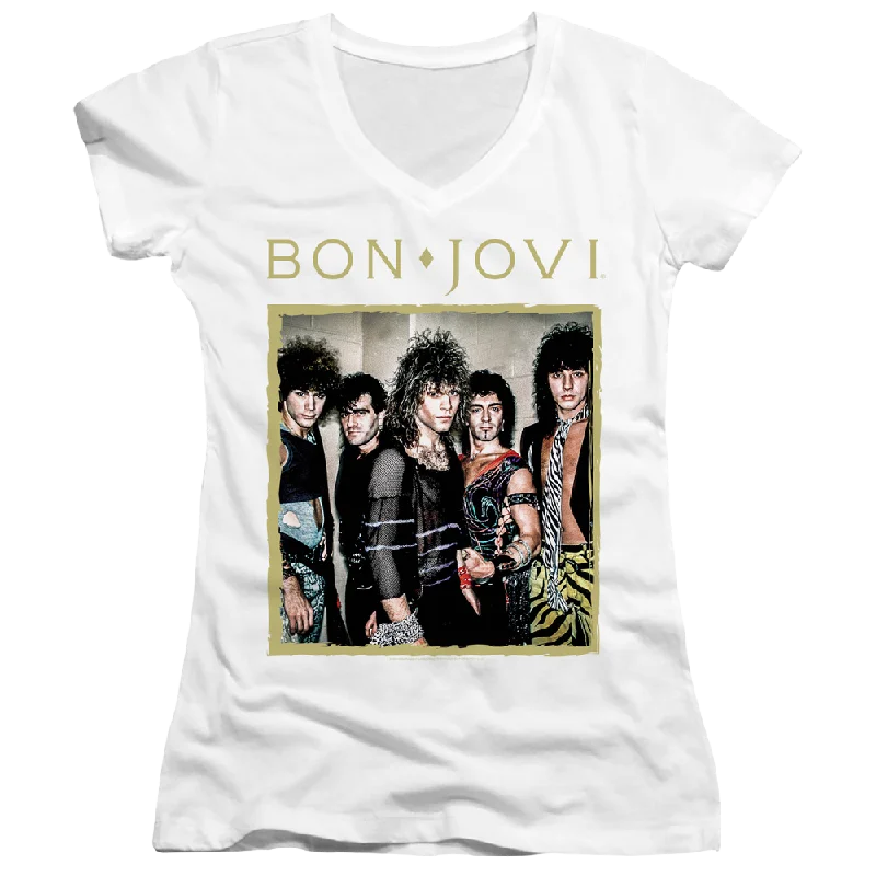Bon Jovi Framed - Juniors V-Neck T-Shirt-- Anti-Pilling Machine Wash Handmade