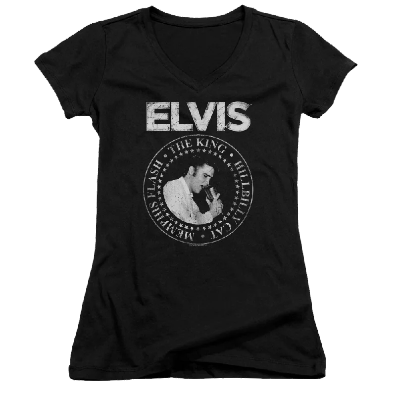 Elvis Presley Rock King - Juniors V-Neck T-Shirt-- Hooded Caped Shawl Collar