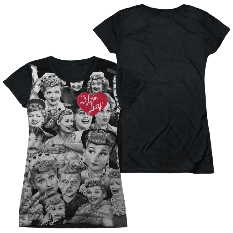 I Love Lucy Faces Juniors Black Back T-Shirt-- Welt Pockets Slit Pockets