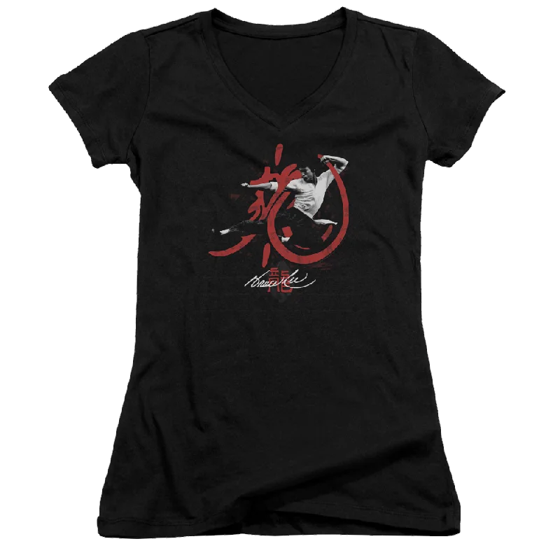 Bruce Lee High Flying - Juniors V-Neck T-Shirt-- Modern Contemporary Chic