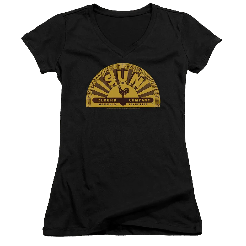 Sun Records Traditional Logo - Juniors V-Neck T-Shirt-- Satin Blend Silk Blend Wool Blend