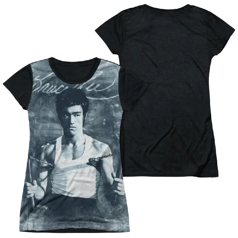 Bruce Lee Nunchucks - Juniors Black Back T-Shirt-- Ribbed T-Shirt High Neck Heavyweight