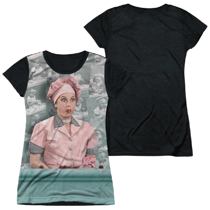 I Love Lucy Chocolate Belt Juniors Black Back T-Shirt-- Machine Wash Dry Clean Hand Wash