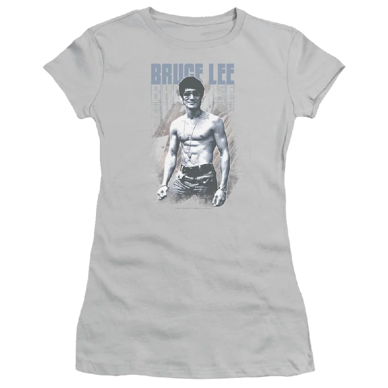 Bruce Lee Blue Jean Lee - Juniors T-Shirt-- Denim Fabric Leather Fabric Suede Fabric