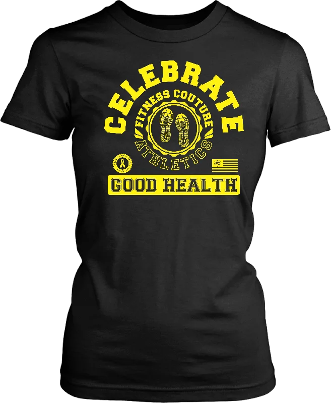 Fitness Couture Athletics - Celebrate Good Health T-shirt Red, Workout, Training "Yellow"-- Hooded Caped Shawl Collar