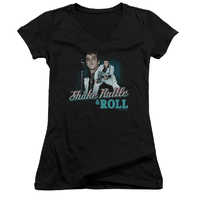 Elvis Presley Shake Rattle & Roll - Juniors V-Neck T-Shirt-- Solid Color Striped Floral