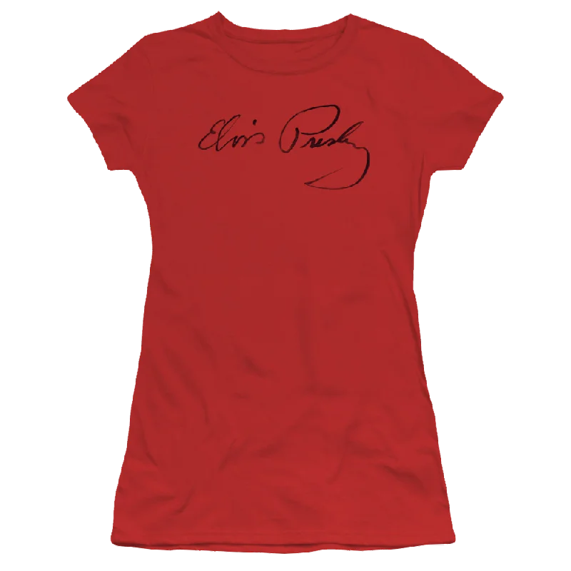 Elvis Presley Signature Sketch - Juniors T-Shirt-- Mesh Blend Leather Blend Suede Blend