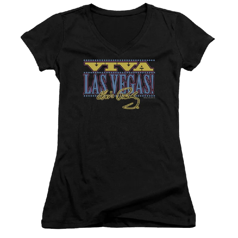 Elvis Presley Viva Las Vegas - Juniors V-Neck T-Shirt-- Mesh Blend Leather Blend Suede Blend