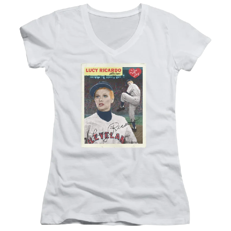 I Love Lucy Trading Card Juniors V-Neck T-Shirt-- Fitted T-Shirt Seamless Stretchy