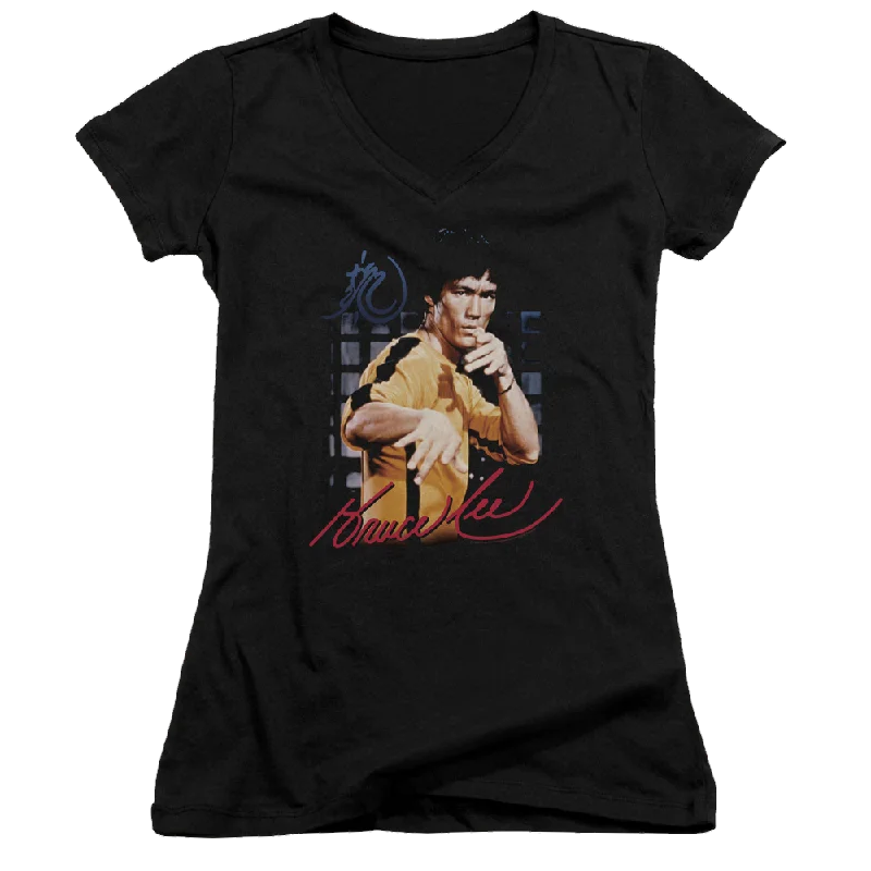 Bruce Lee Yellow Jumpsuit - Juniors V-Neck T-Shirt-- Mesh Fabric Canvas Fabric Denim Fabric