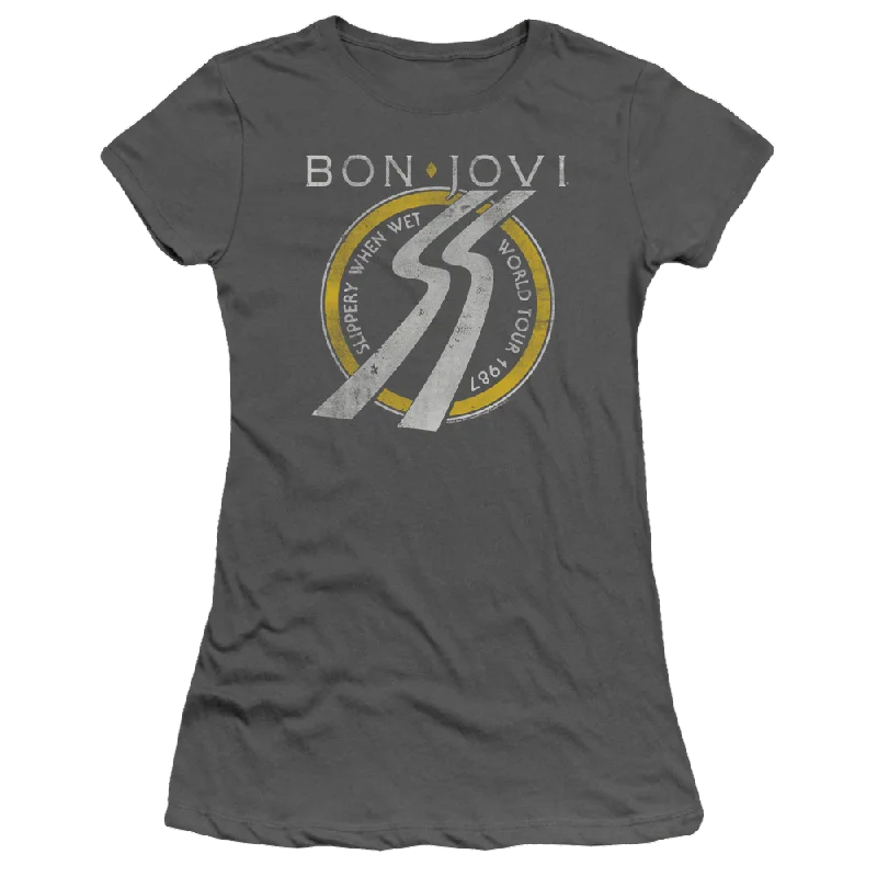 Bon Jovi Slippery When Wet World Tour - Juniors T-Shirt-- Collared Crew Neck Turtle Neck