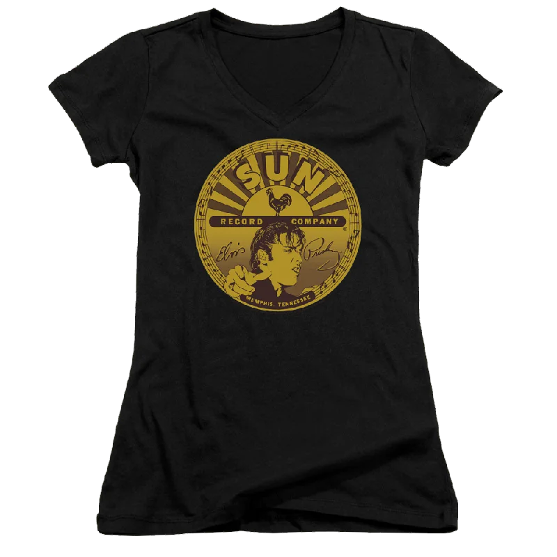 Elvis Presley Elvis Full Sun Label - Juniors V-Neck T-Shirt-- Embroidered Appliqued Beaded