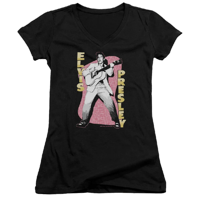 Elvis Presley Pink Rock - Juniors V-Neck T-Shirt-- Houndstooth Herringbone Solid