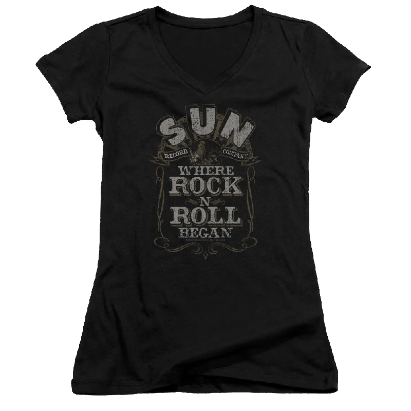 Sun Records Where Rock Began - Juniors V-Neck T-Shirt-- Ribbed Striped Patterned