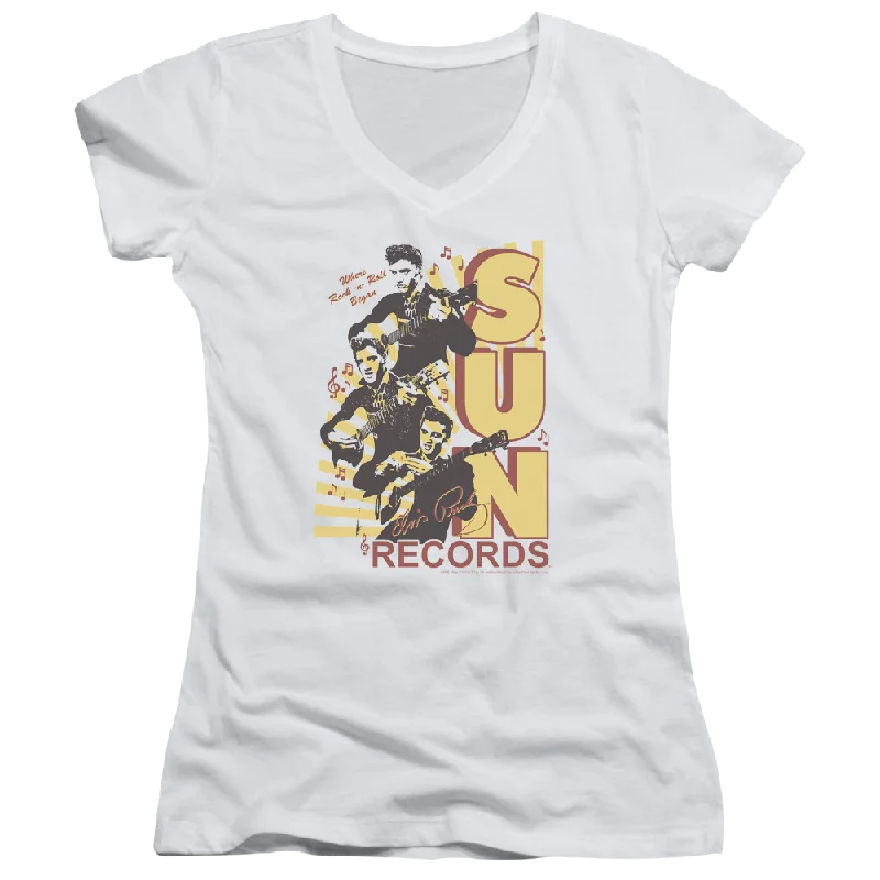 Elvis Presley Tri Elvis - Juniors V-Neck T-Shirt-- Lace Blend Ribbed Blend Corduroy Blend