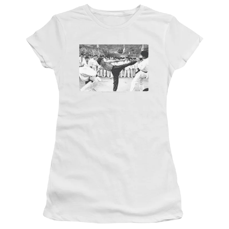 Bruce Lee Kick To The Head - Juniors T-Shirt-- Chenille Brocade Lace