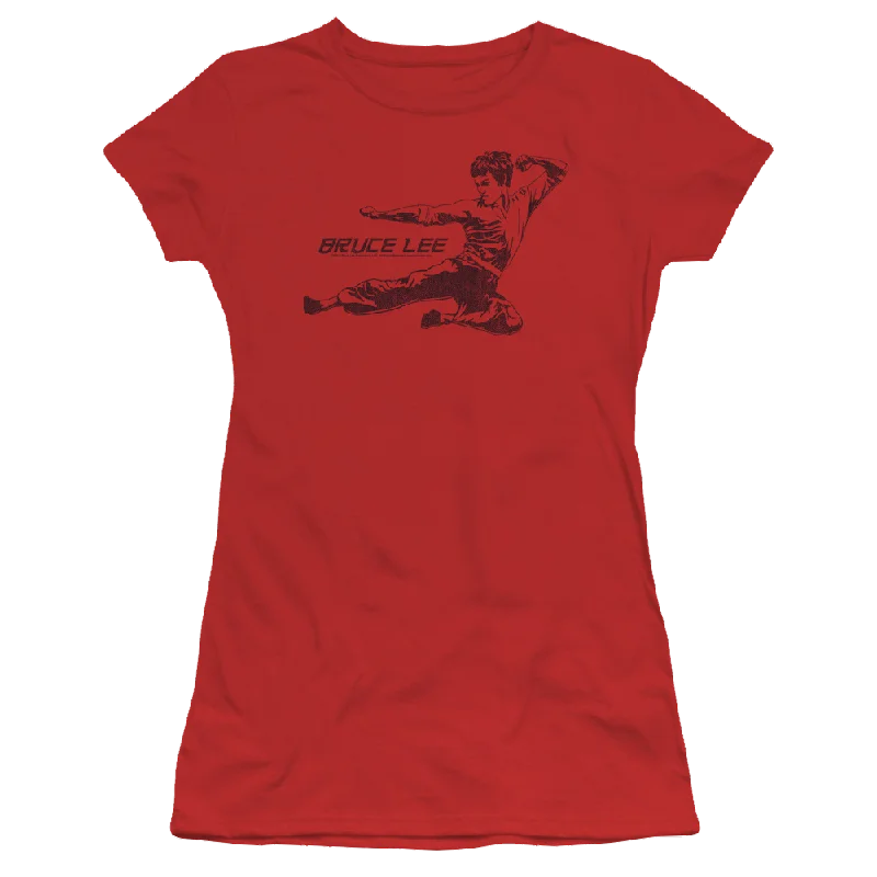 Bruce Lee Line Kick - Juniors T-Shirt-- Asymmetrical Pockets Print