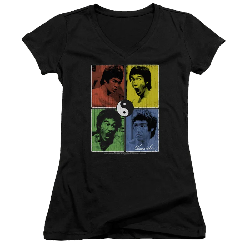 Bruce Lee Enter Color Block - Juniors V-Neck T-Shirt-- Rayon Velvet Corduroy