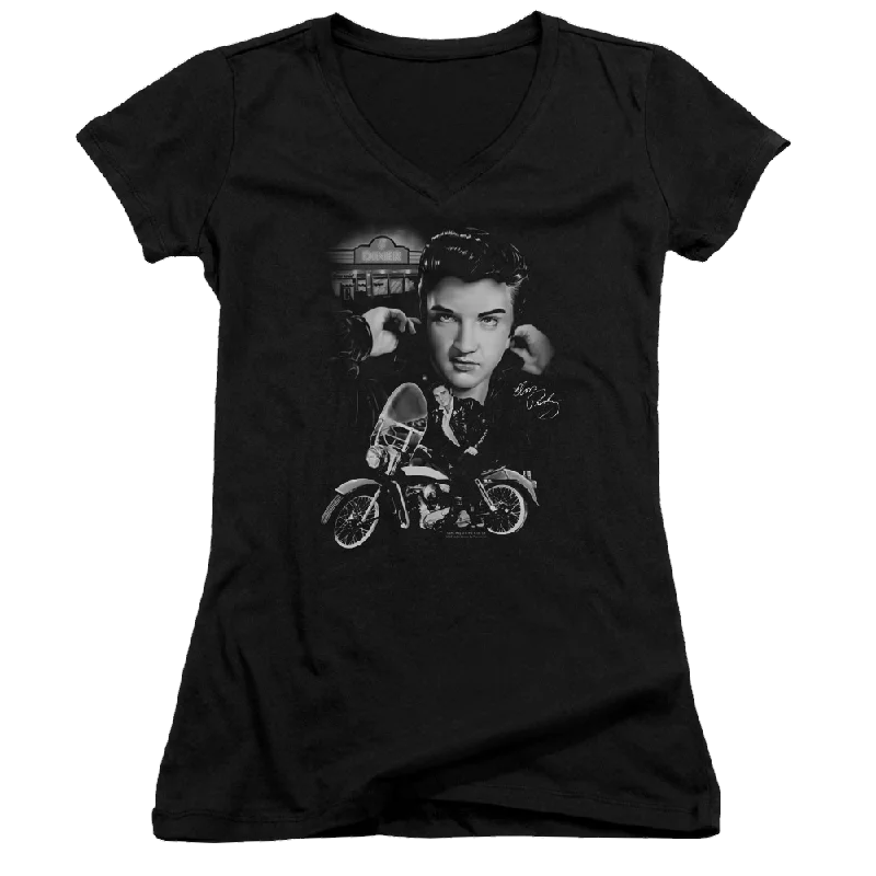 Elvis Presley The King Rides Again - Juniors V-Neck T-Shirt-- Satin Fabric Silk Fabric Chiffon Fabric