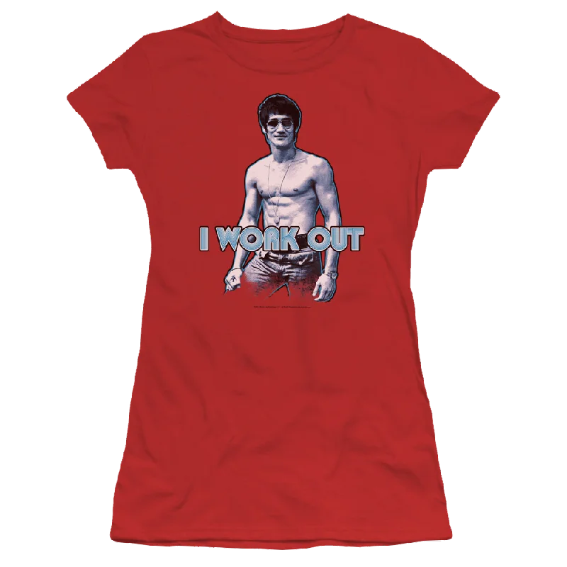 Bruce Lee Lee Works Out - Juniors T-Shirt-- Welt Pockets Slit Pockets