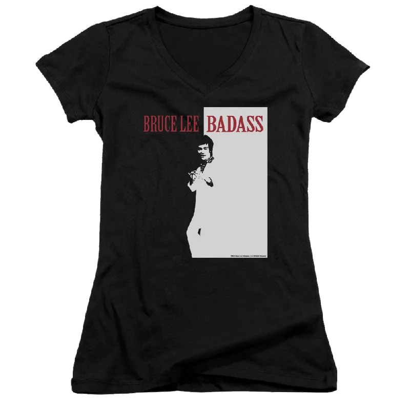 Bruce Lee Badass - Juniors V-Neck T-Shirt-- Seamless Knitted Crochet