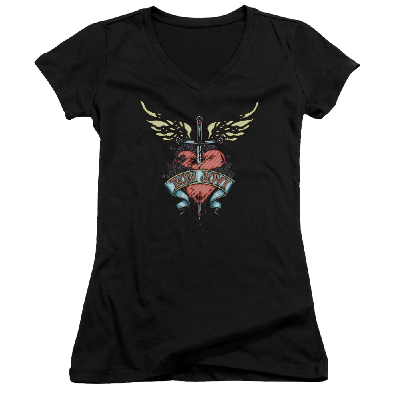 Bon Jovi Daggered - Juniors V-Neck T-Shirt-- Striped Floral Plaid