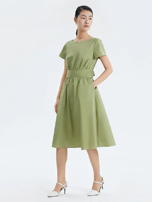 One Word Collar Gathered Waist Cotton Dress Tunics Trendy modern