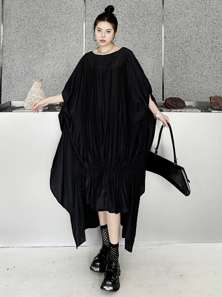 Black Pleated Irregular Loose Oversized Long Dress Tunics Luxurious high-end
