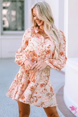Orange Cinched Waist Floral Dress Tunics Sophisticated sleek