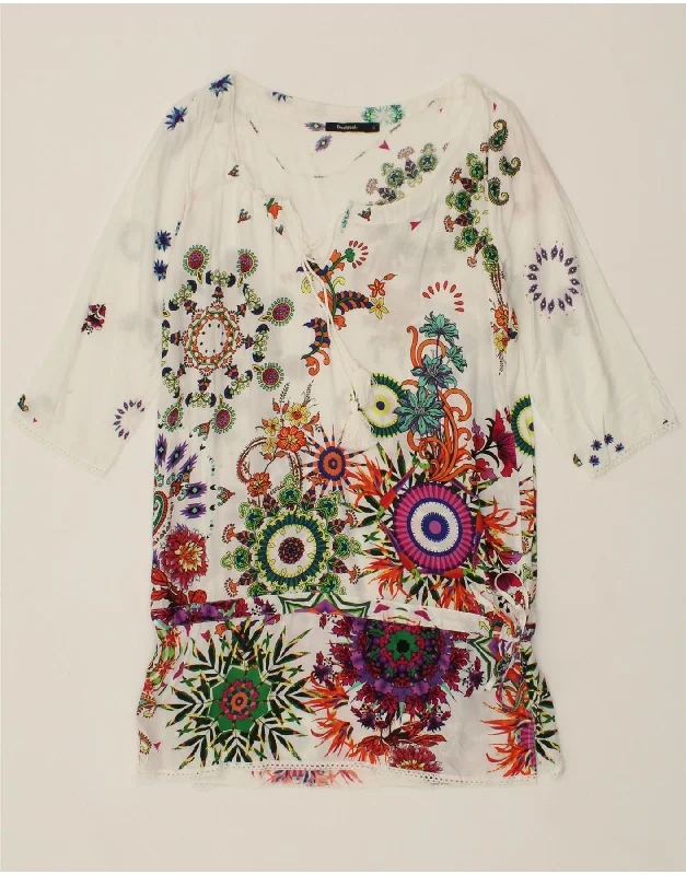 DESIGUAL Womens 3/4 Sleeve Drop Waist Dress UK 10 Small White Floral Cowl Neckline Elegant