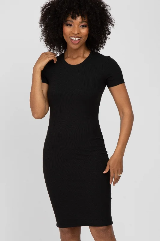 Black Ribbed Fitted Dress Tunics Silk luxurious