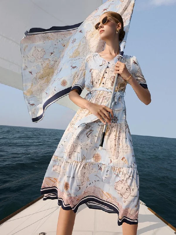 19 Momme Silk Map Printed Dress Turtleneck Warm Winter