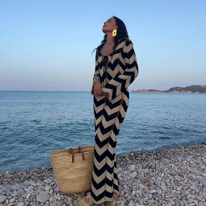 Striped Knitted Long Sleeve Long Dress Tunics Bestseller popular