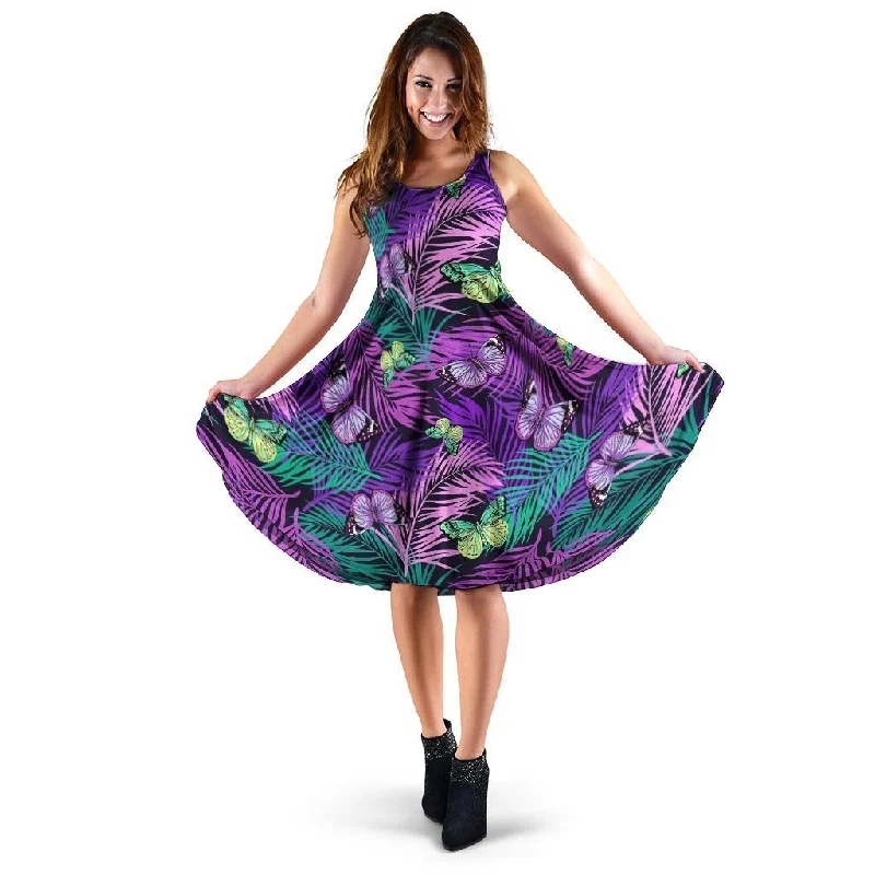 Neon Purple Tropical Palm Tree Butterfly Print Dress Tunics Exclusive limited