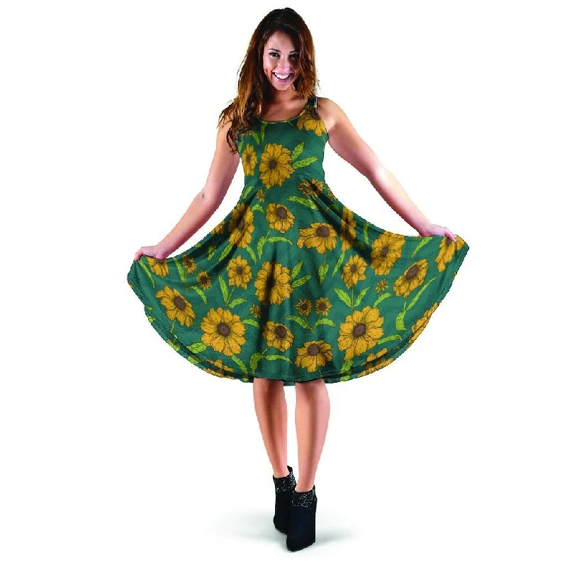 Green Zigzag Sunflower Dress Turtleneck Neckline Stylish