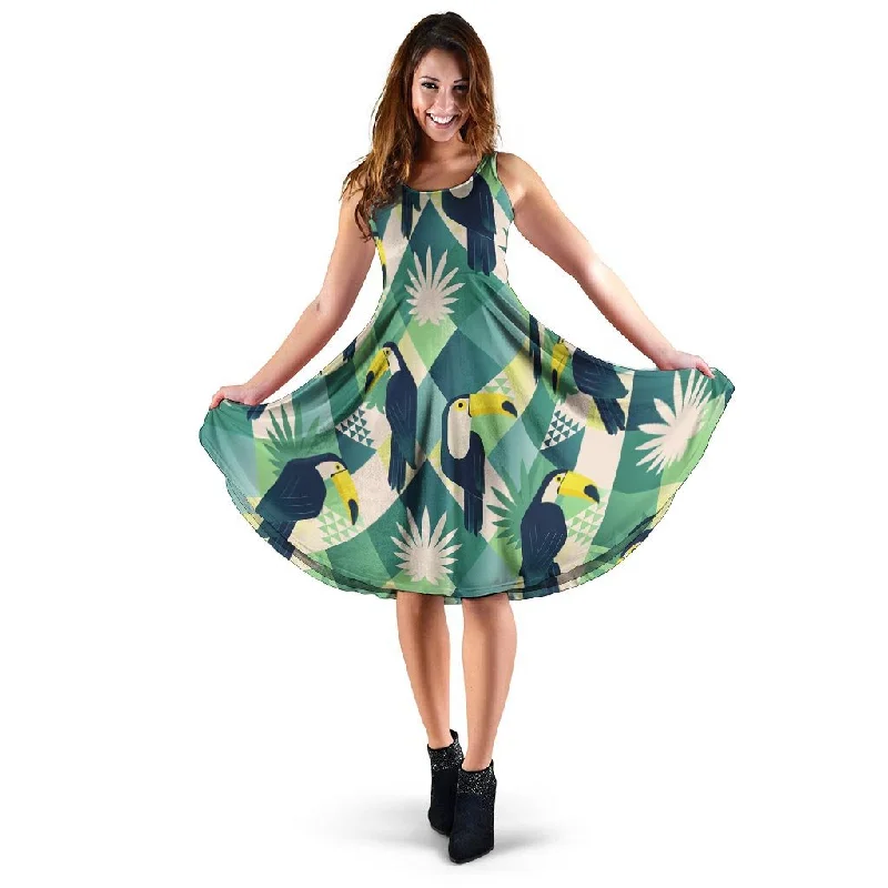 Patchwork Tropical Toucan Print Dress Tunics Silk luxurious