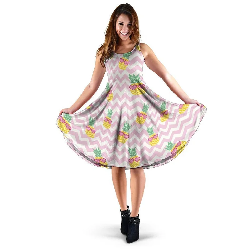 Pink Zig Zag Pineapple Print Dress sweetheart Neckline Romantic