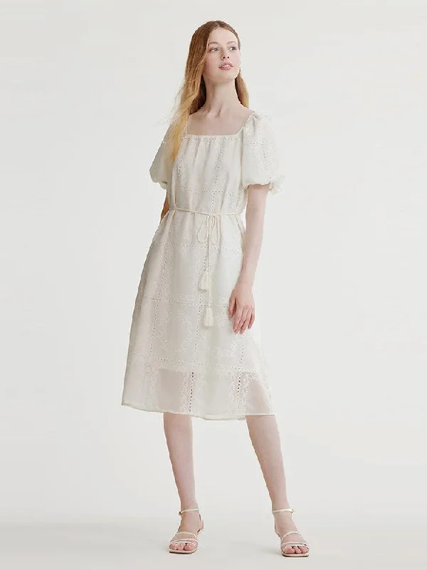 Square Neck Embroidered Dress With Belt Tunics Sophisticated sleek