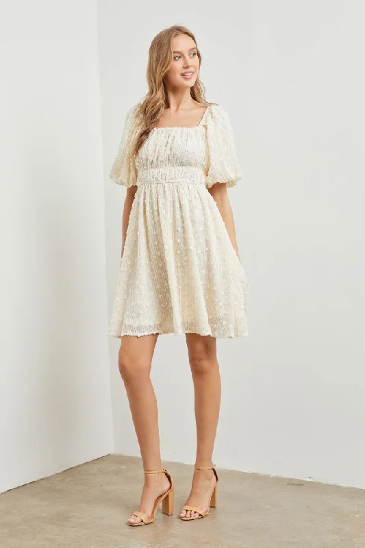 Off White Woven Texture Square Neck Dress Tunics Trendy modern