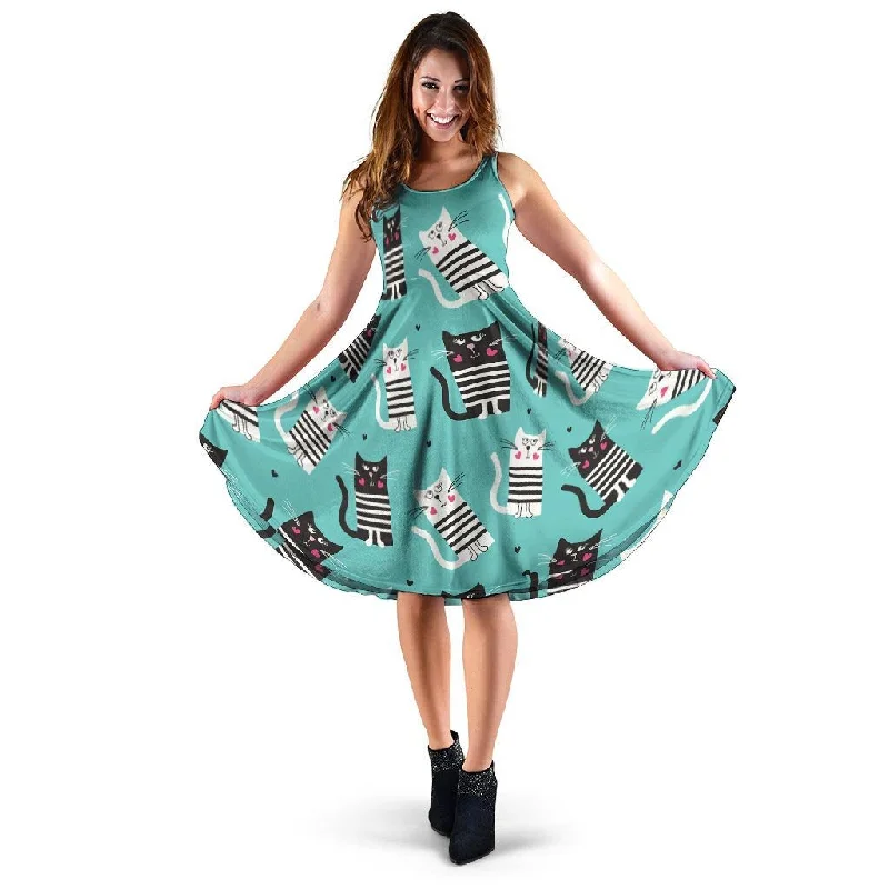 Love Turquoise Cat Print Dress Tunics Chic elegant