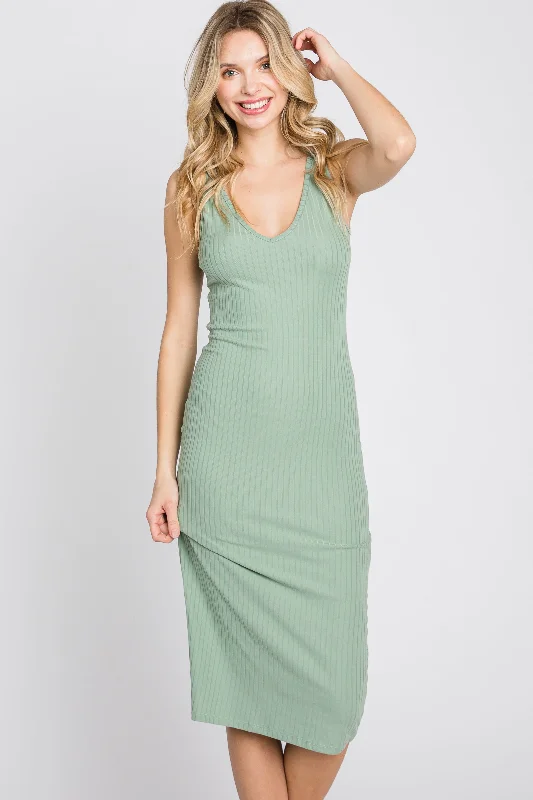 Mint Sleeveless Ribbed Knit Fitted Dress Tunics Yoga stretchy