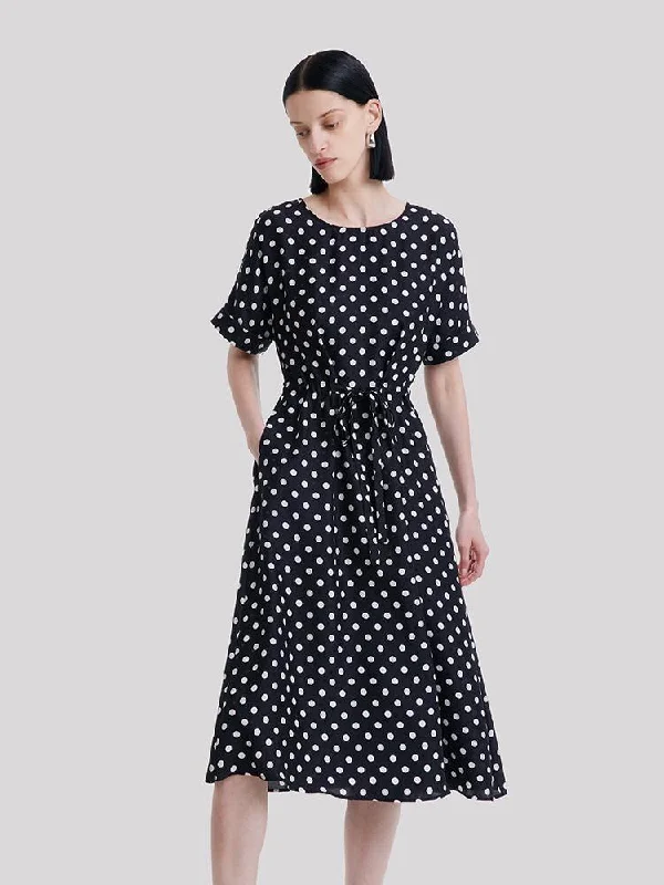 Round Neck Polka Dot Jacquard Silk Dress Tunics Formal black
